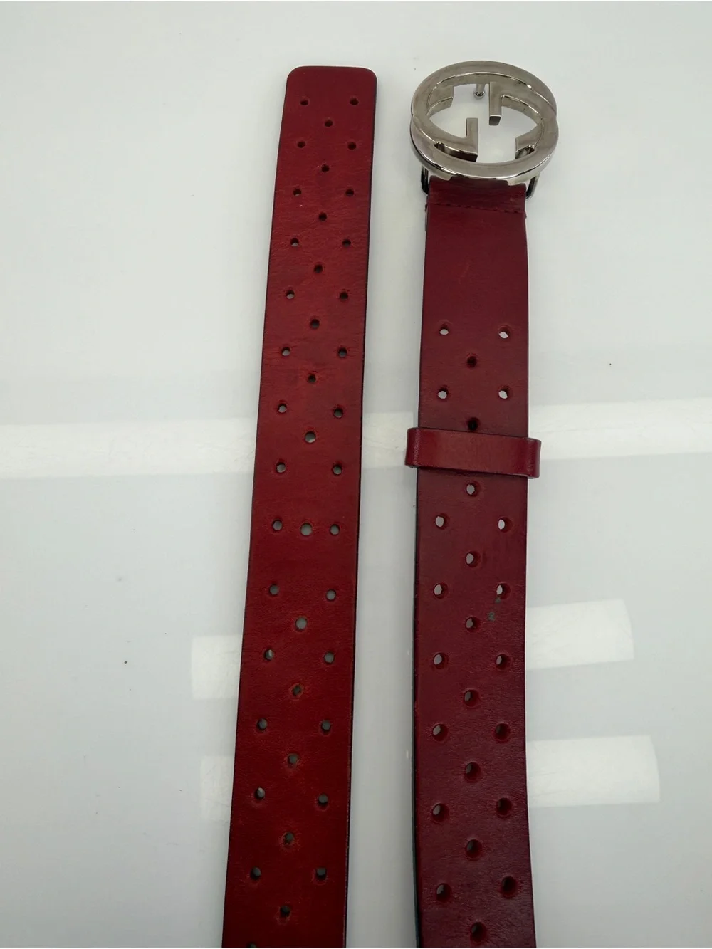 Gucci Red Perforated Leather Interlocking Belt 90/36 114874